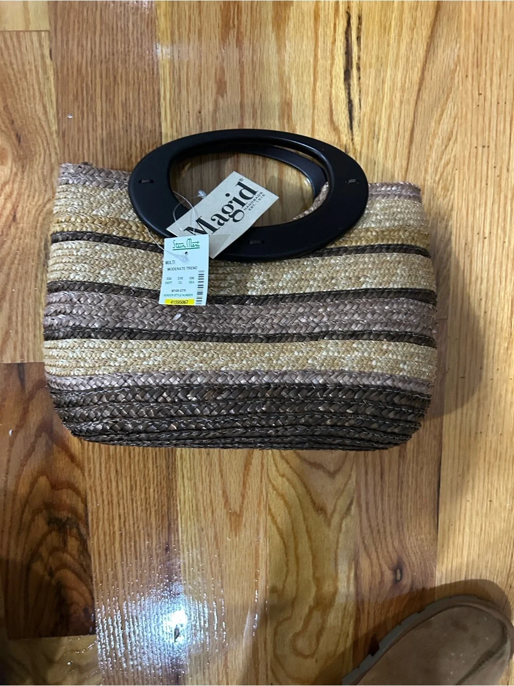 Madrid Striped Woven Clutch with Black Oval Handle - Neutral Tones